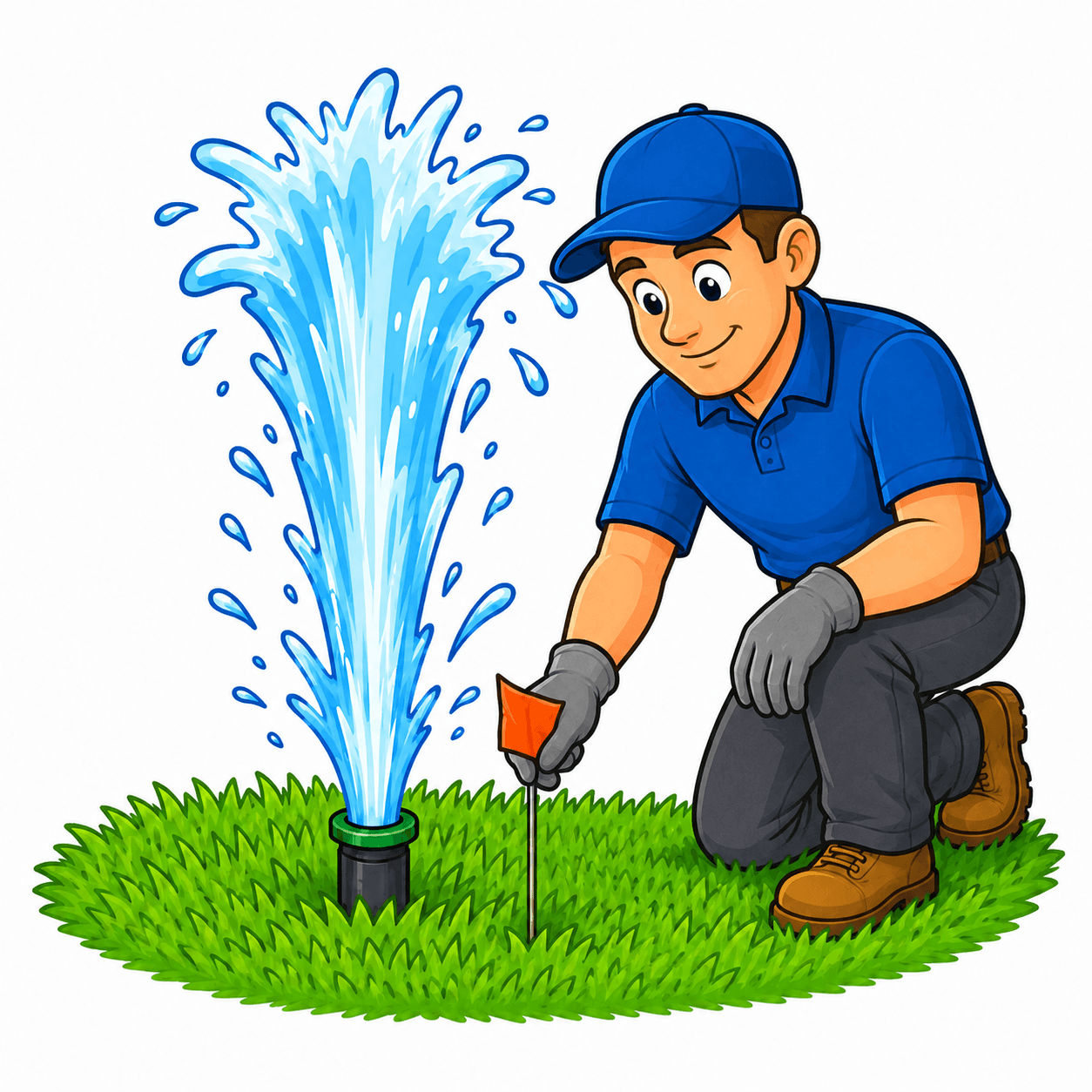 Irrigation contractor placing a Flagify marker beside a broken sprinkler